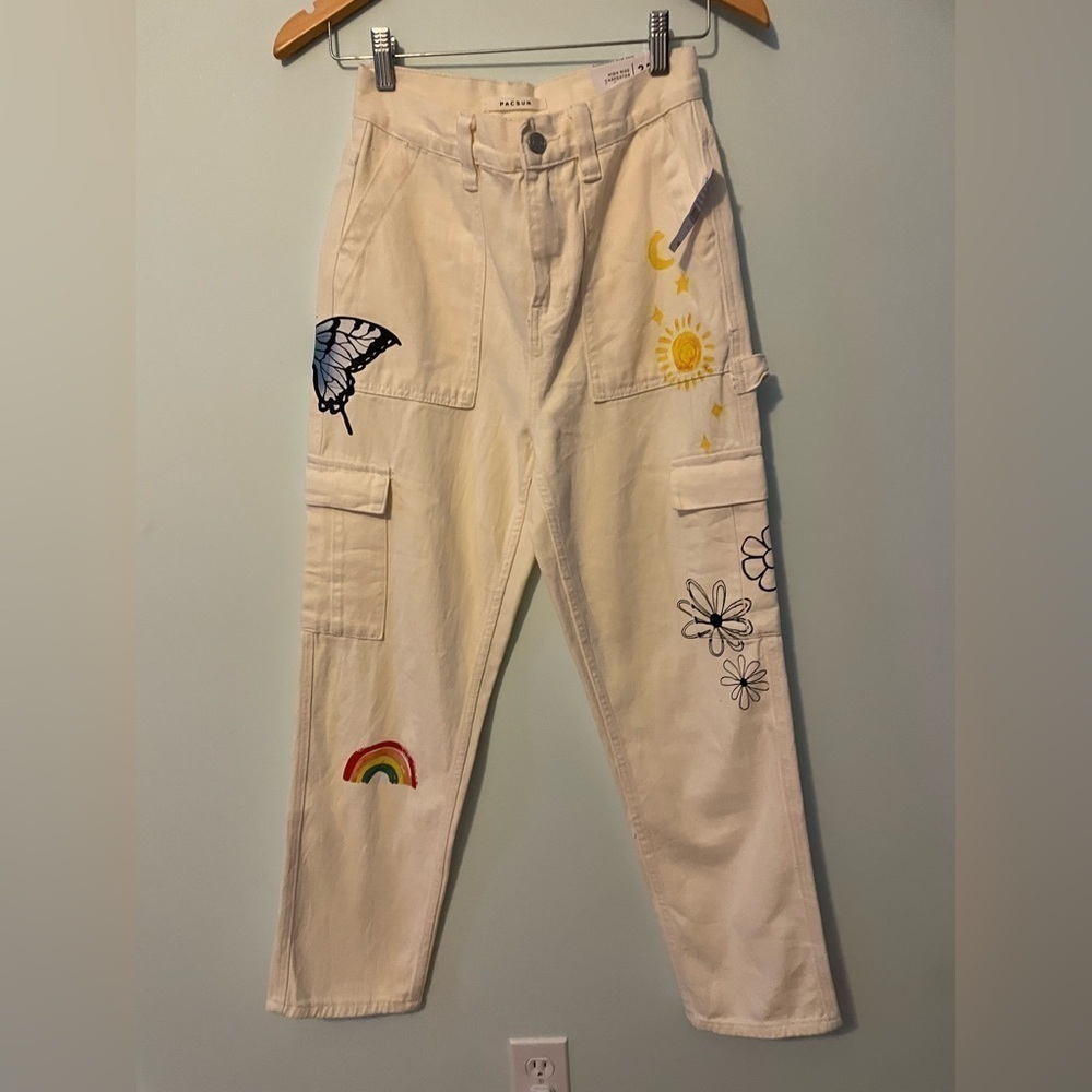 Pacsun Graphic Skate Cargo Sketchbook Trousers In Off White Size 25 - Picture 4 of 13